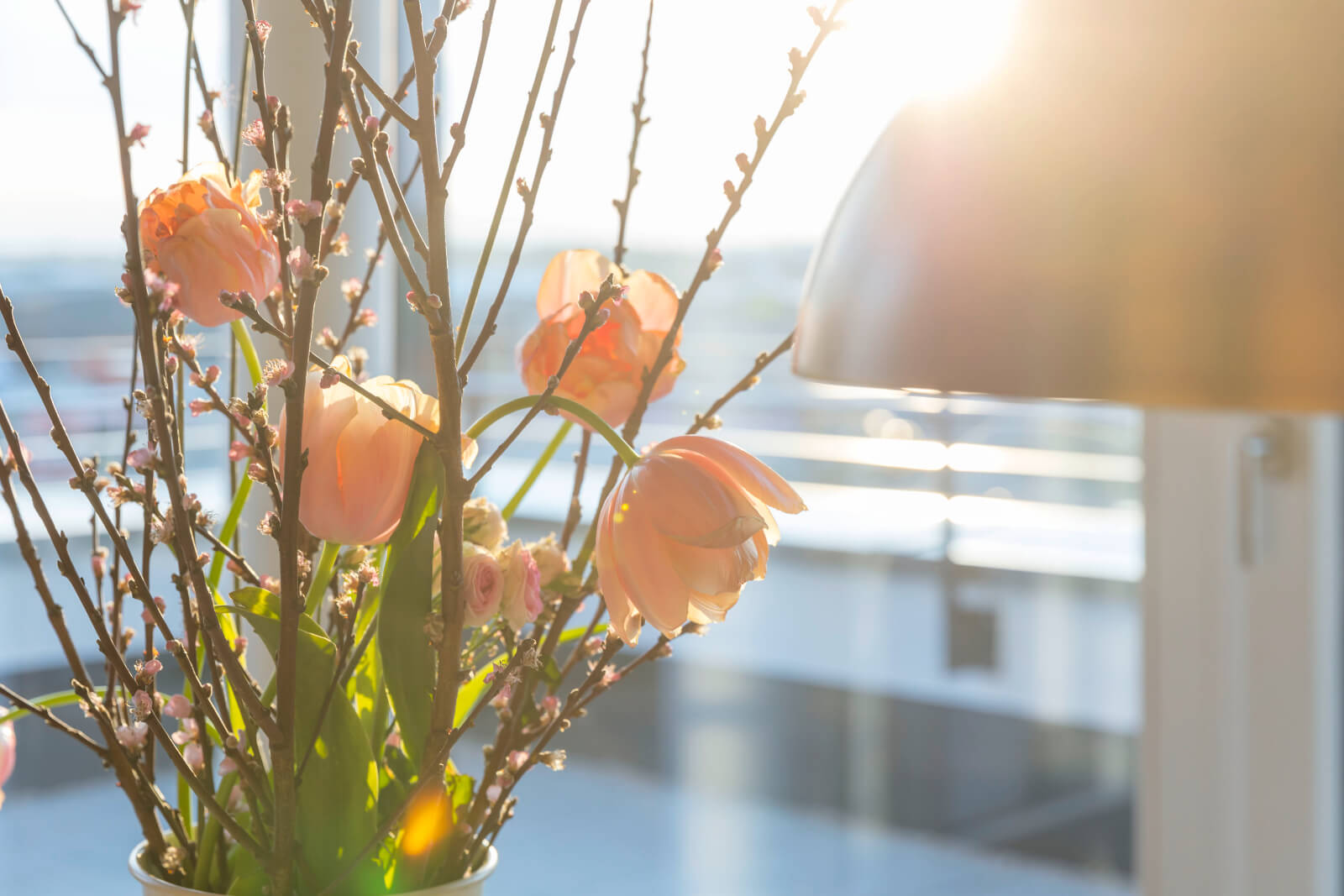 Blumendeko auf einem Tisch im Sonnenglanz